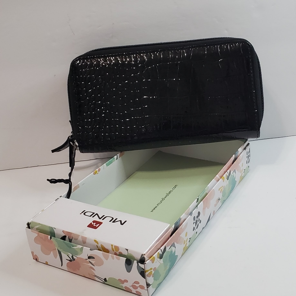 Mundi Black Croc Patent Leather All Round Zipper Wallet